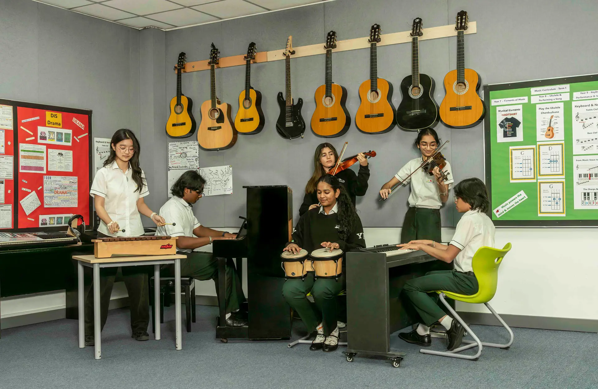Students playing various instruments